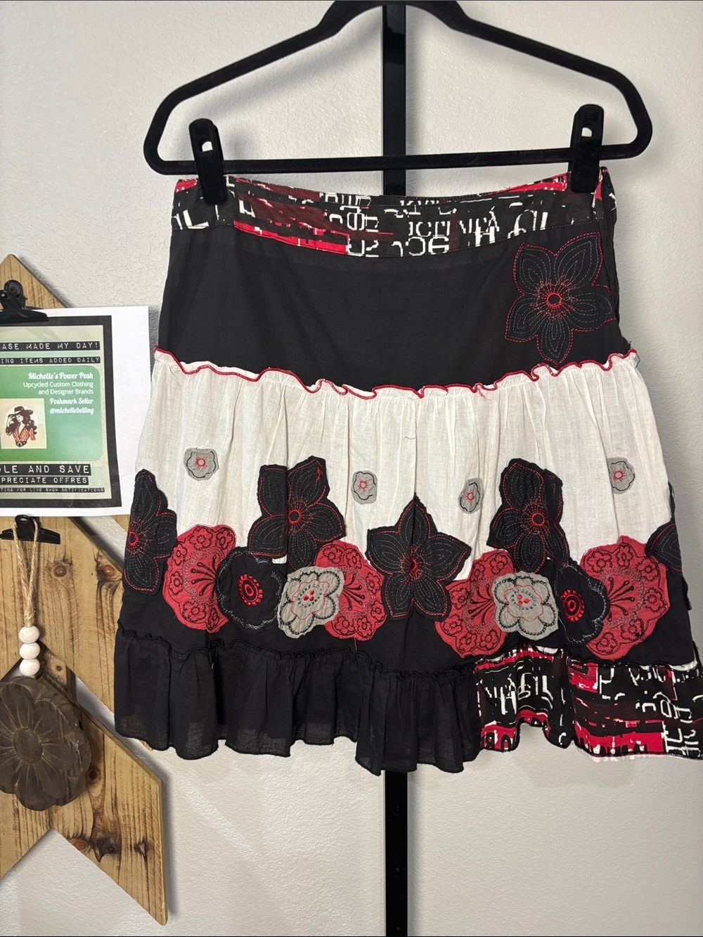 Kessley Embroidered Black and Red Floral Tiered Mini Skirt, lined, cotton sz S